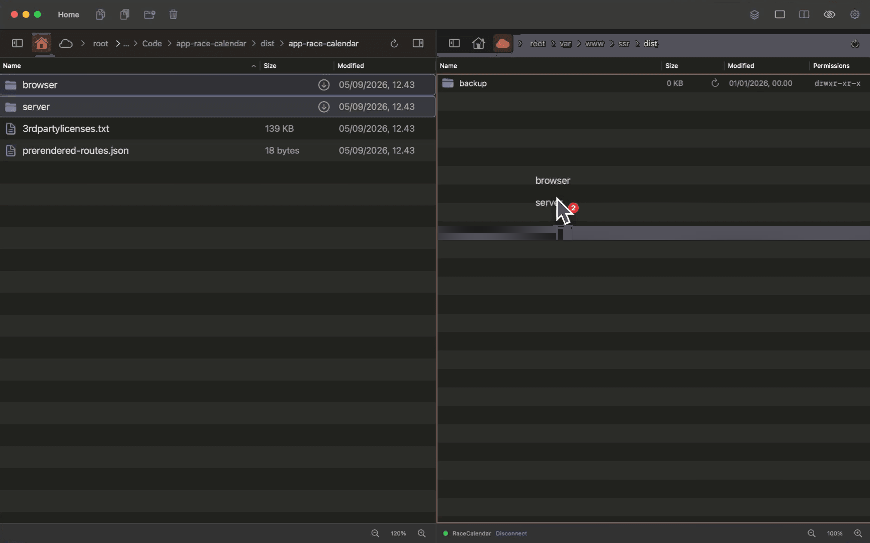 Two folders dragged from the local pane onto the remote pane, the drag carrying a badge with the number of files.