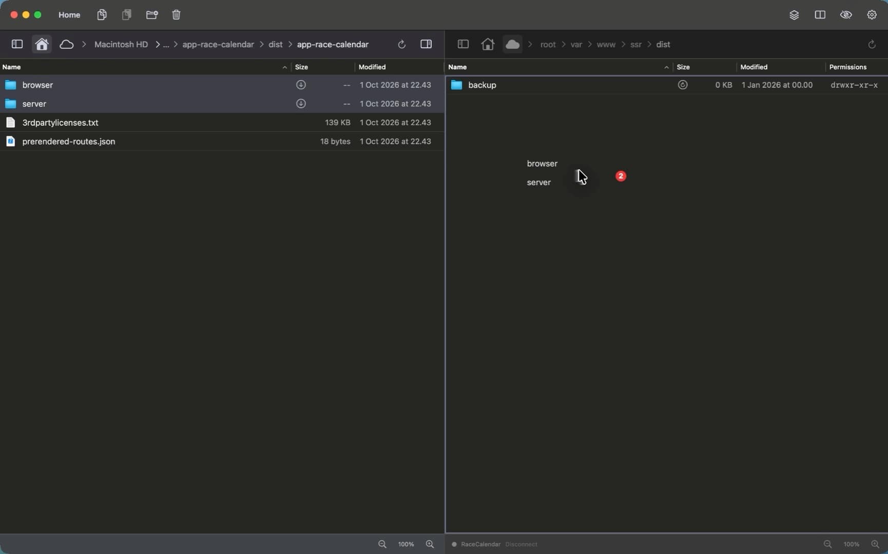 Two folders dragged from the local pane onto the remote pane, the drag carrying a badge with the number of files.
