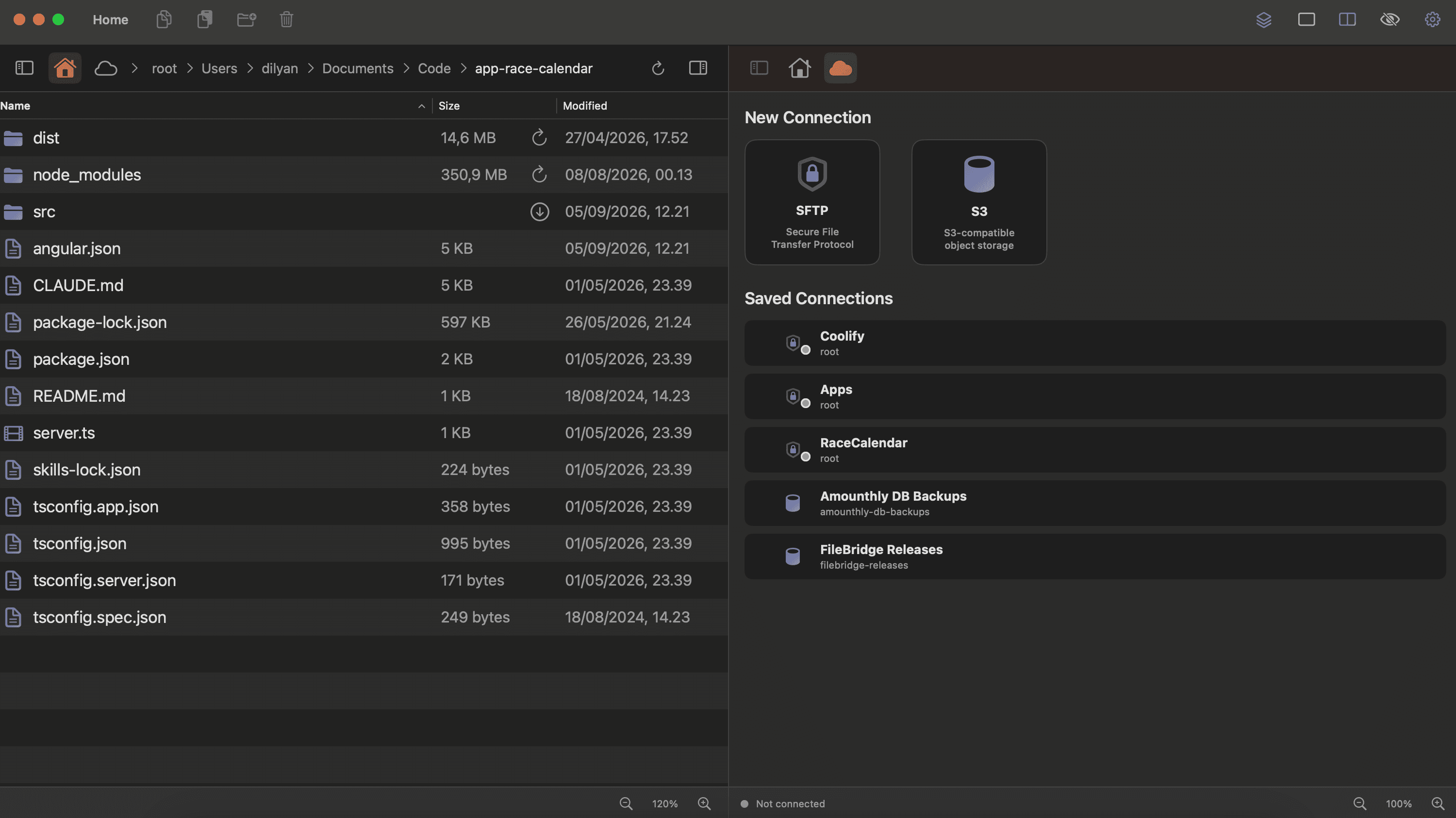 FileBridge with a local folder in the left pane and a remote server in the right pane.