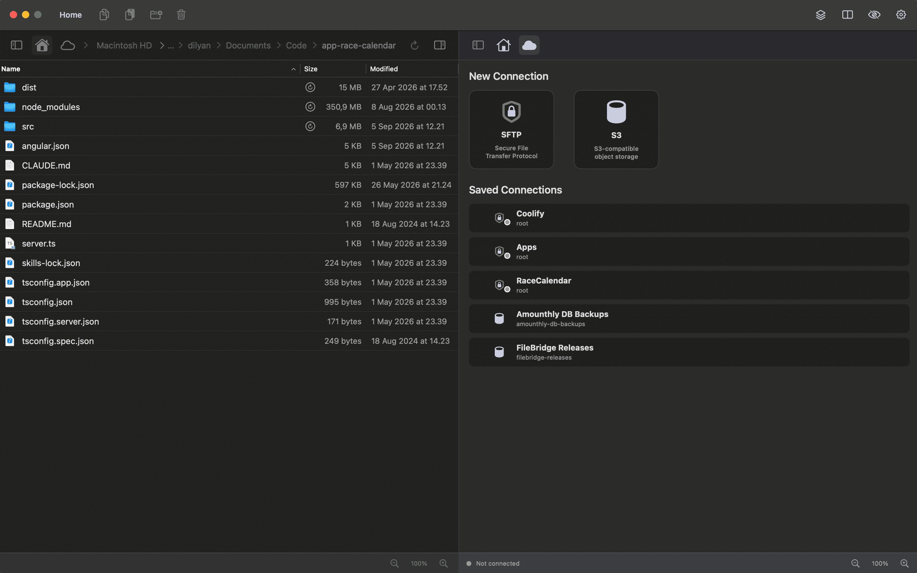 FileBridge with a local folder in the left pane and a remote server in the right pane.