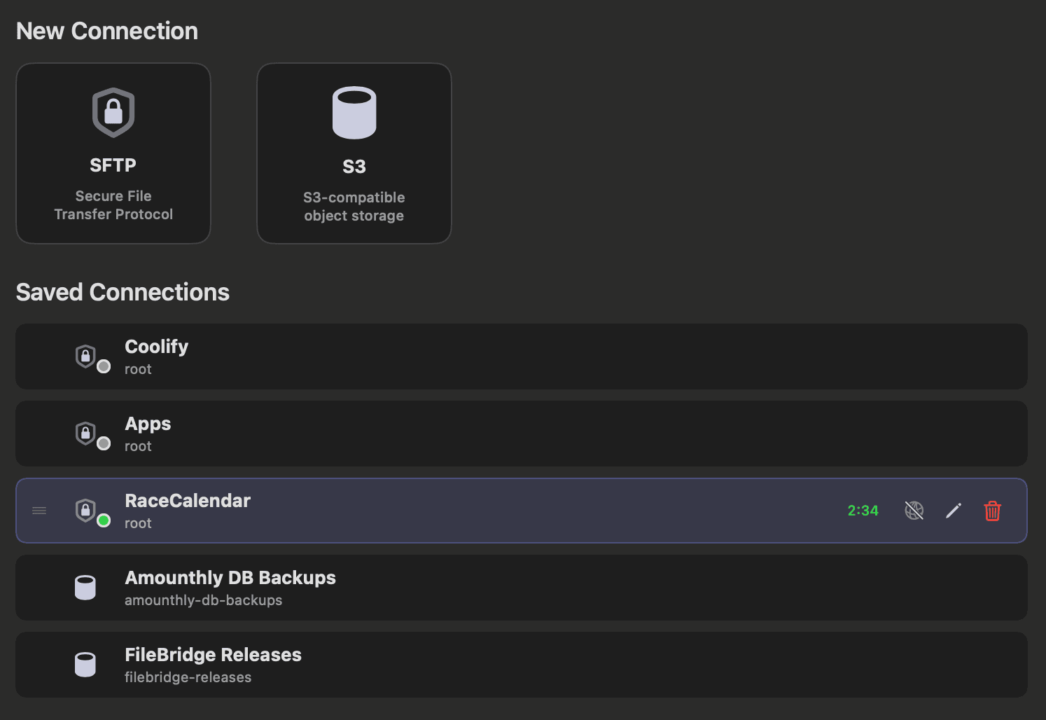 FileBridge's connection panel, with SFTP and S3 to pick from and a list of saved connections below.