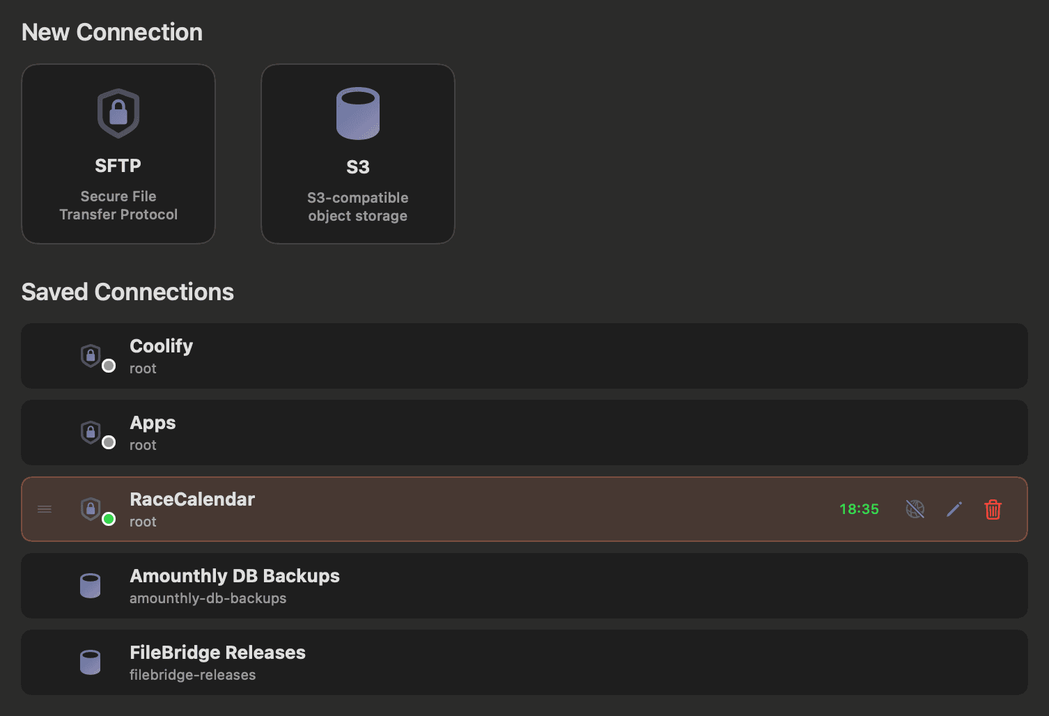 FileBridge's connection panel, with SFTP and S3 to pick from and a list of saved connections below.