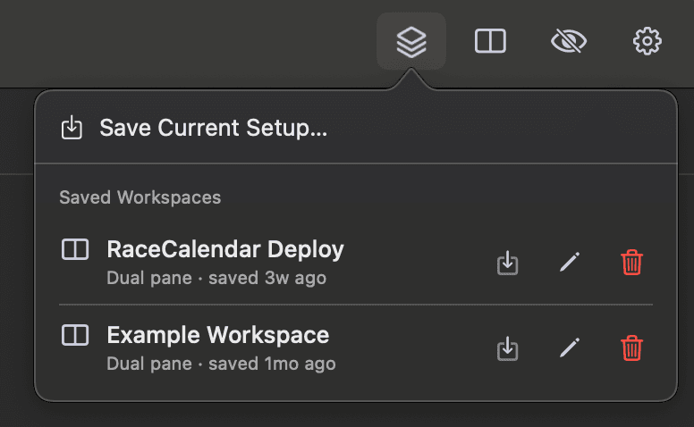 FileBridge's workspaces menu, with Save Current Setup at the top and two saved workspaces below it.