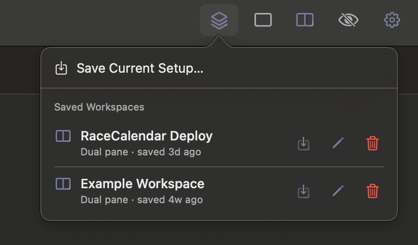 FileBridge's workspaces menu, with Save Current Setup at the top and two saved workspaces below it.