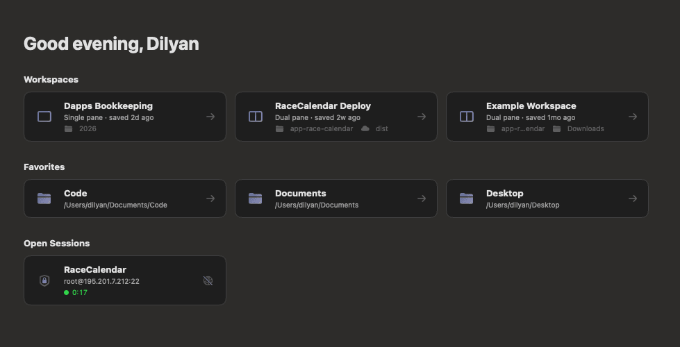 FileBridge's home screen, with rows of saved workspaces, favorite folders and one open session.